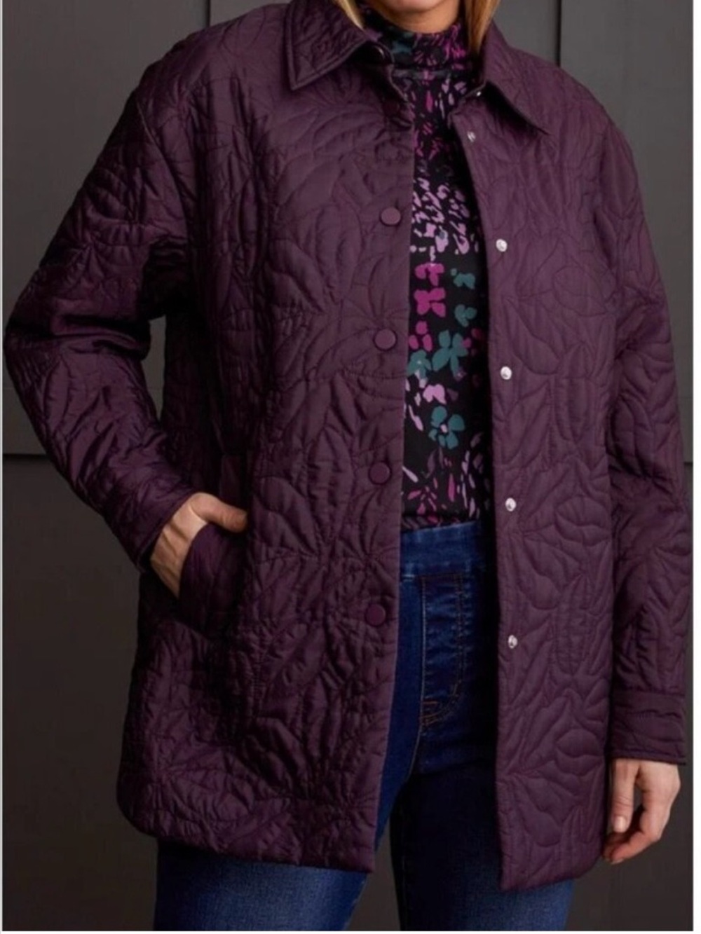 Tribal Jeans Quilted Long-Sleeve Puffer Shacket - Plum, Size Large.